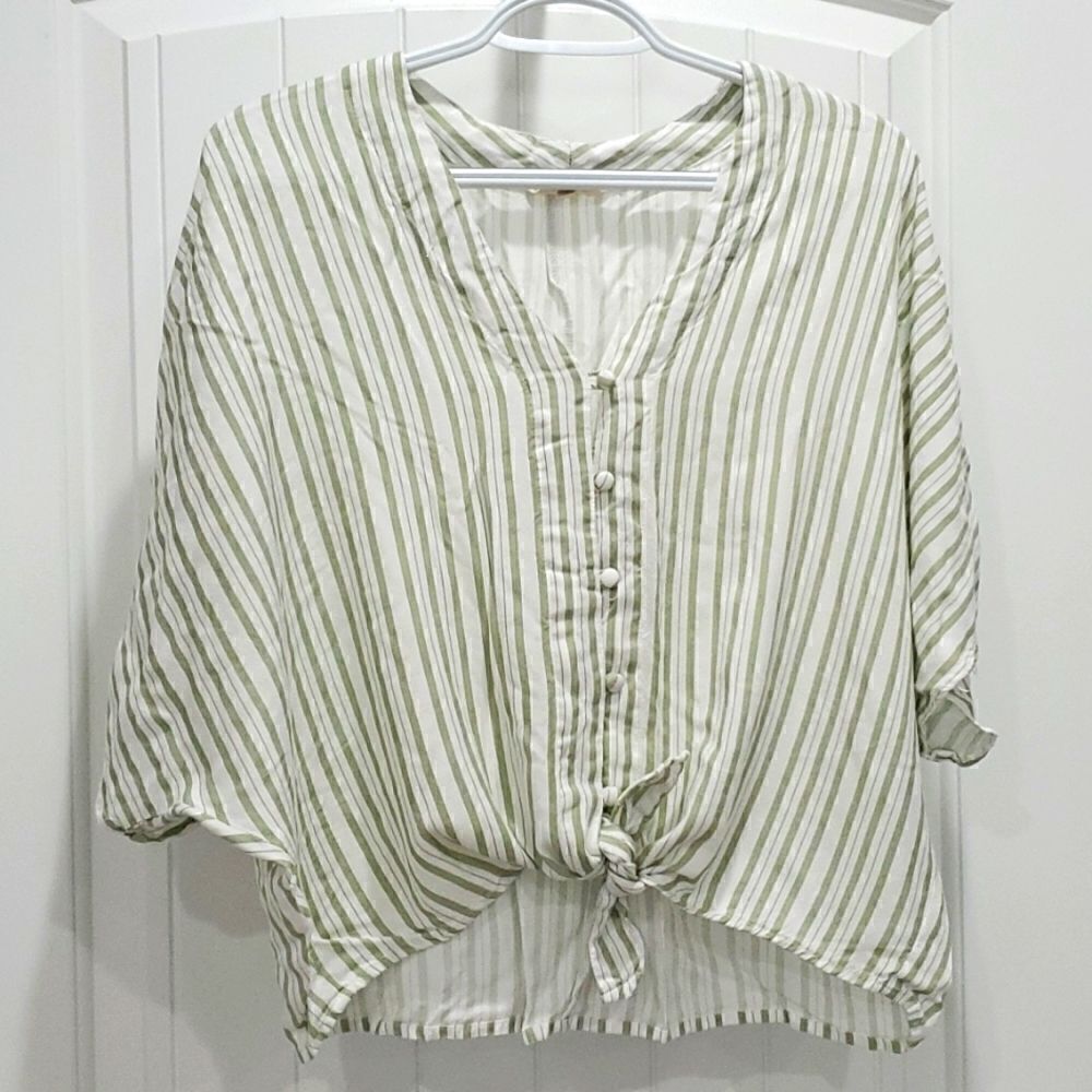 Sim & Sam Womans Tie Front, Green/ White Blouse, Size xl